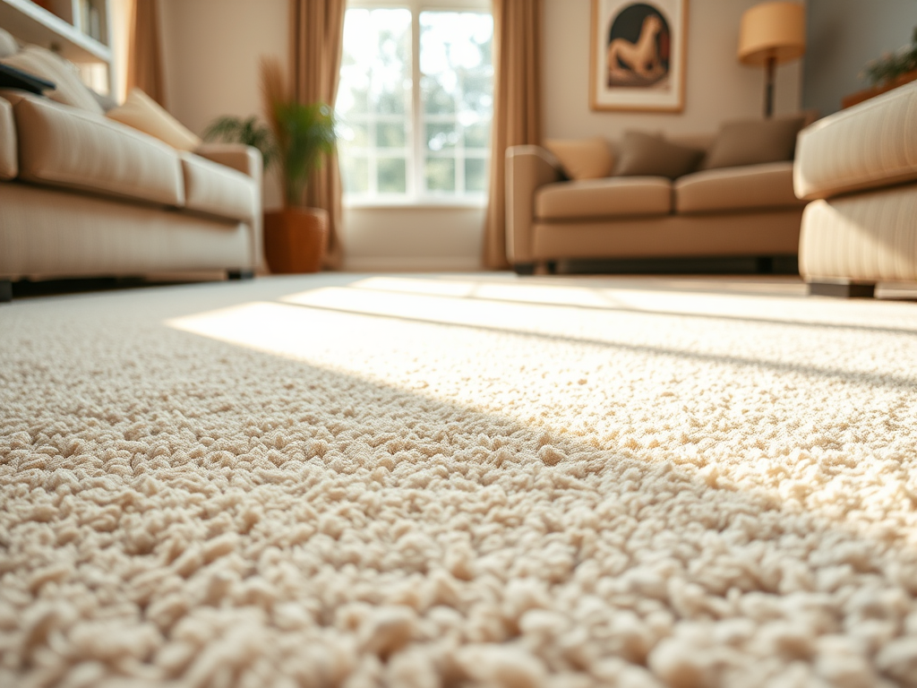 Close-up of a clean, plush beige carpet in a bright Airway Heights living room.
