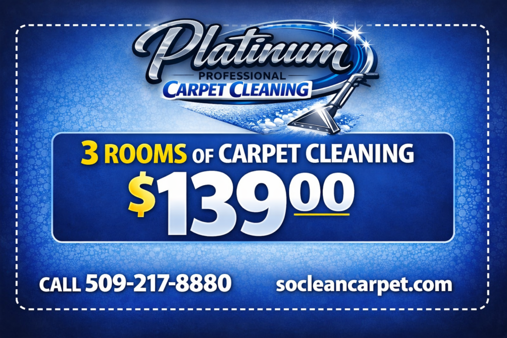 Platinum Professional Carpet Cleaning ad showing 3‑room carpet cleaning special for $139 in Spokane, WA.