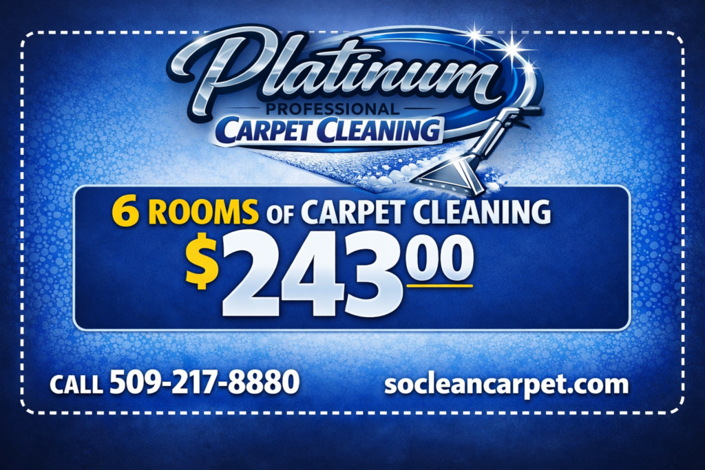 Platinum Professional Carpet Cleaning ad showing 6‑room carpet cleaning special for $243 in Spokane, WA.